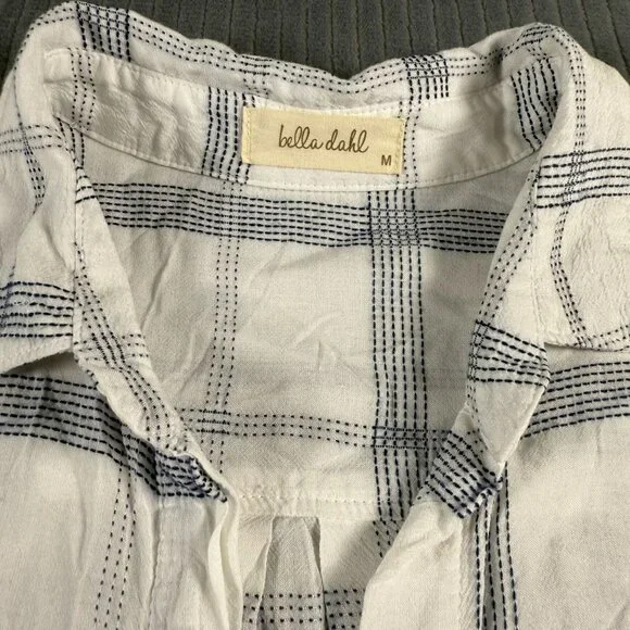 Bella Dahl High Low Button Down Blouse Top White Blue Plaid Womens M - Picture 2 of 10